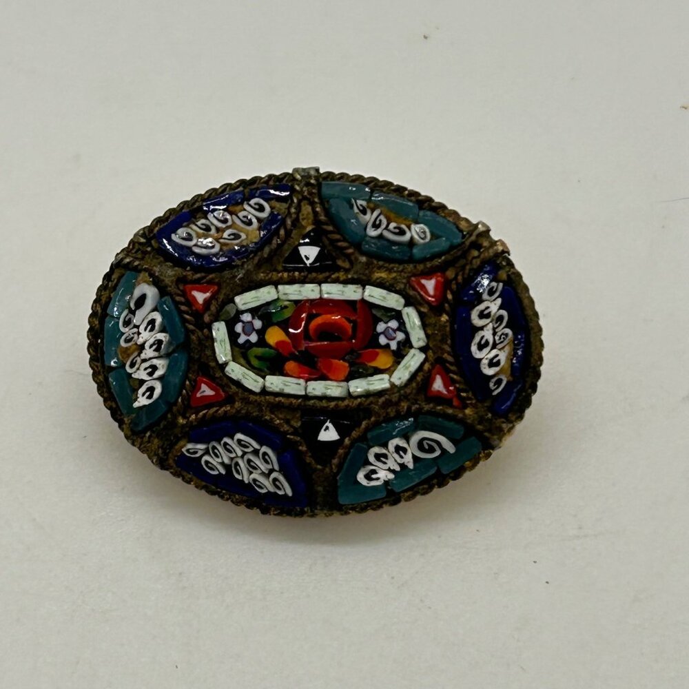 Vintage IMicro Mosaic Oval Brooch Floral Gold-Tone C-Clasp Made in Italy - Picture 6 of 16